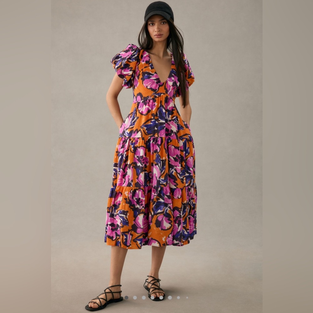 Anthropologie Orange Floral Midi Dress with Pink & Purple Print